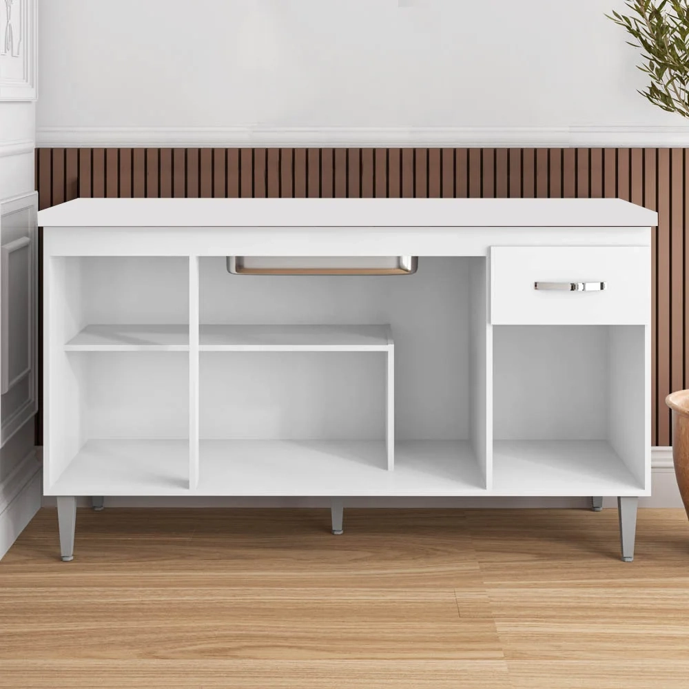 Balcão Gabinete Para Pia Com Tampo 150cm 4 Portas e 1 Gaveta Gabriela Branco - AJL Móveis