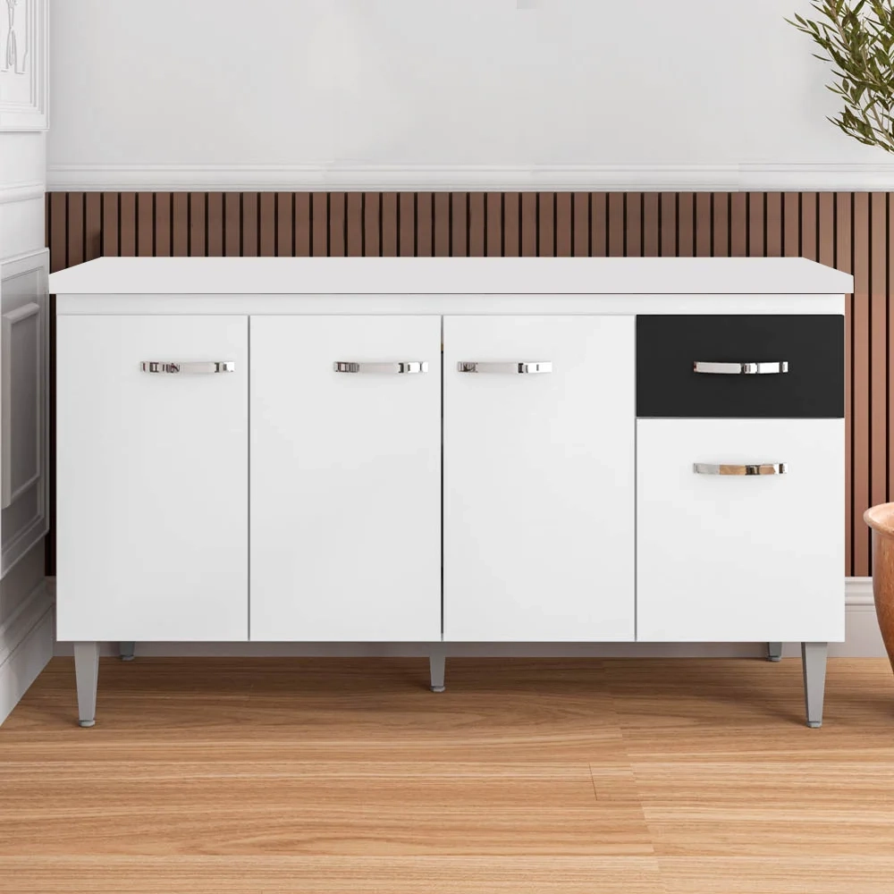 Balcão Gabinete Para Pia Com Tampo 150cm 4 Portas e 1 Gaveta Gabriela Branco - AJL Móveis