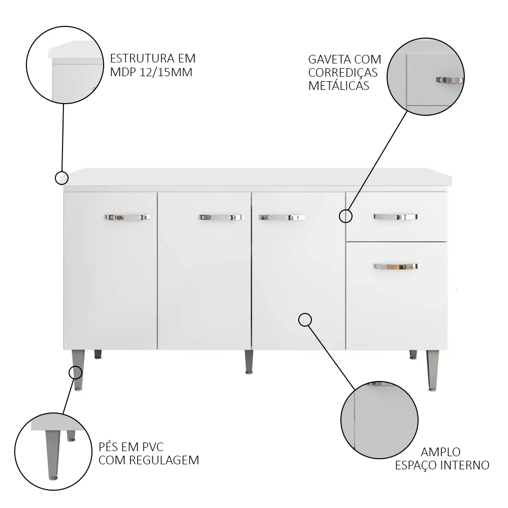 Balcão Gabinete Para Pia Com Tampo 150cm 4 Portas e 1 Gaveta Gabriela Branco - AJL Móveis