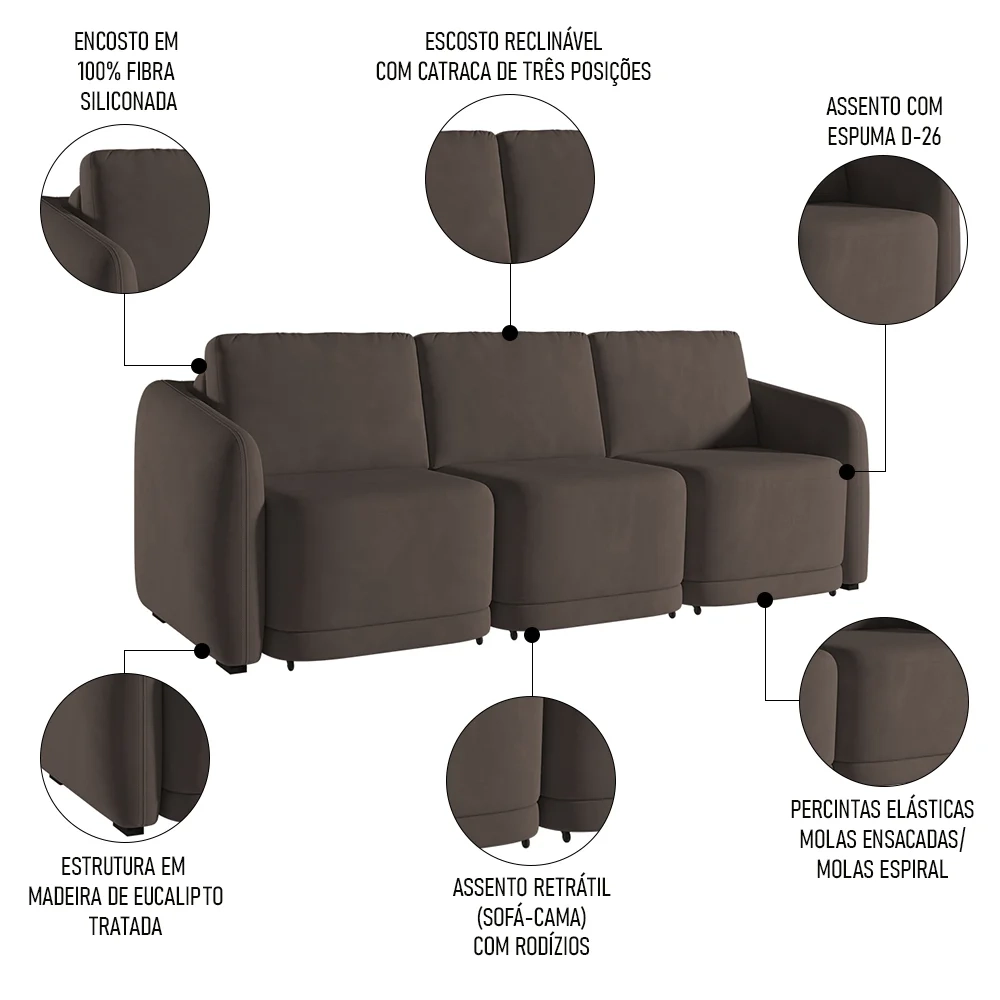 Sofá Cama Casal para Sala 336cm Polska Z08 Veludo Marrom - Mpozenato