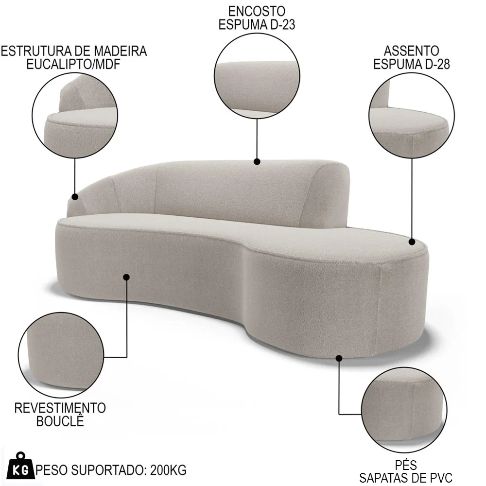 Sofá Living  2 Lugares 180cm Braço Esquerdo Mozart D06 Boucle Bege - Mpozenato