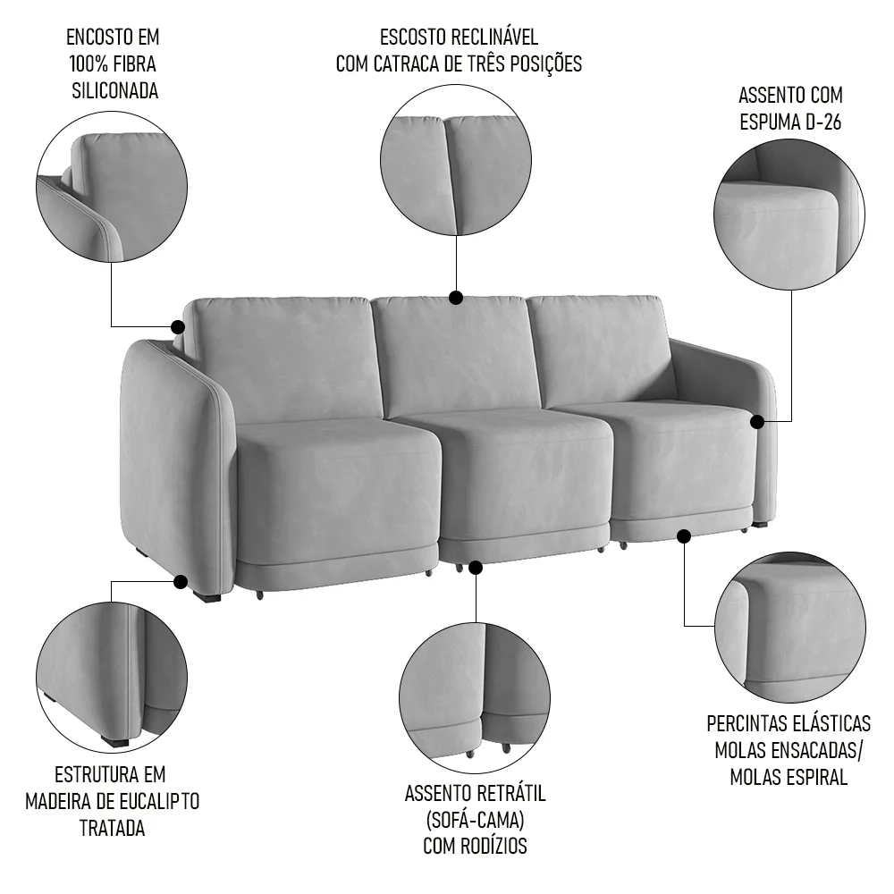 Sofá Cama Casal para Sala 336cm Polska Z08 Veludo Cinza - Mpozenato