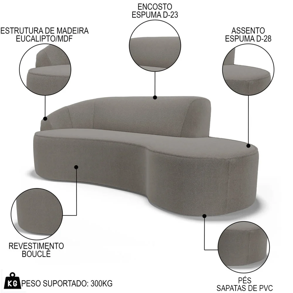 Sofá Living  3 Lugares 230cm Braço Esquerdo Mozart D06 Boucle Bege Escuro - Mpozenato