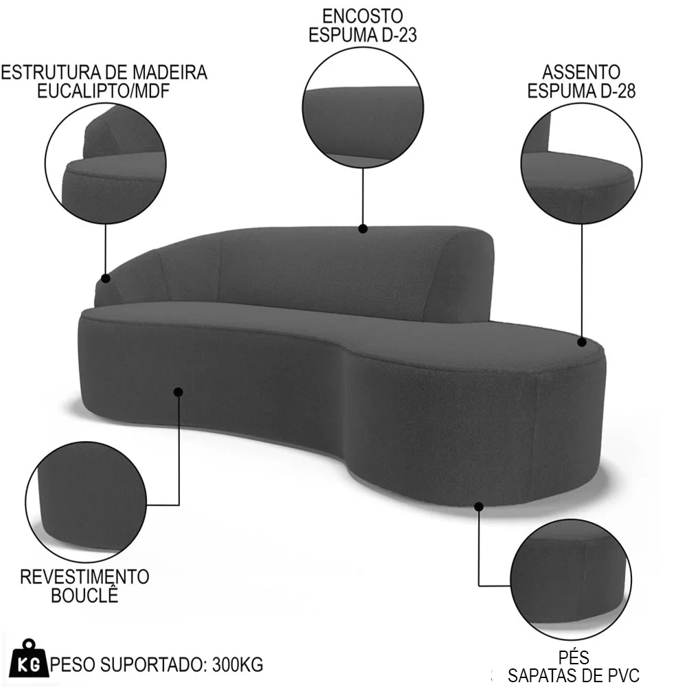 Sofá Living  3 Lugares 210cm Braço Esquerdo Mozart D06 Boucle Chumbo - Mpozenato