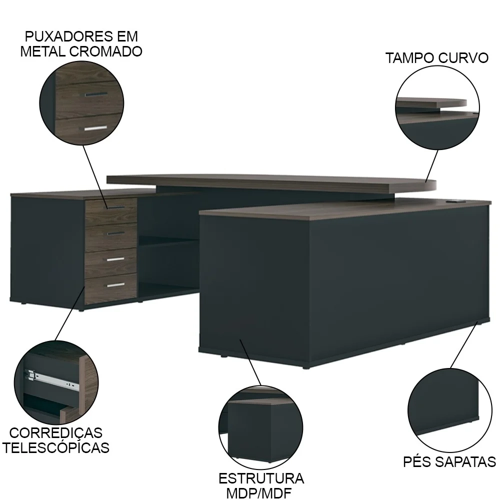Mesa de Escritório Tamburato Presidente com Connect Charuto/Preto - Artany