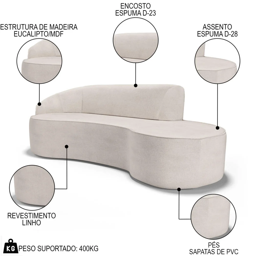 Sofá Living  4 Lugares 300cm Braço Esquerdo Mozart D06 Linho Cru - Mpozenato