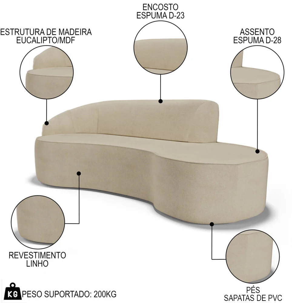 Sofá Living  2 Lugares 180cm Braço Esquerdo Mozart D06 Linho Bege Escuro - Mpozenato
