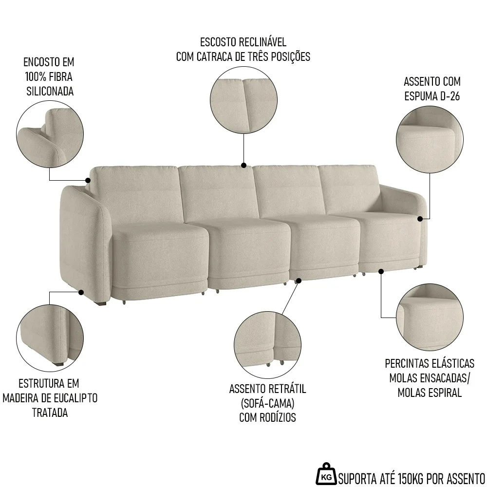 Sofá Cama Casal para Sala 316cm Polska Z08 Boucle Bege - Mpozenato