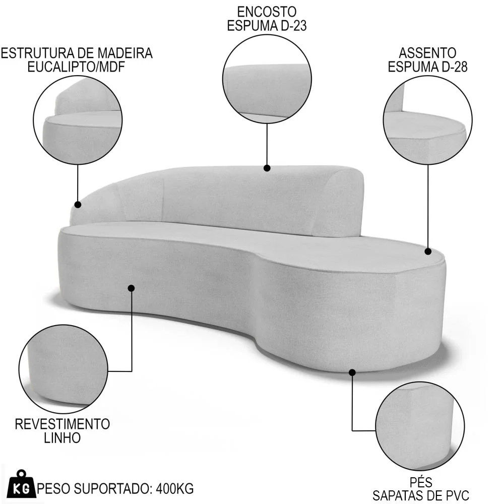 Sofá Living  4 Lugares 280cm Braço Esquerdo Mozart D06 Linho Cinza - Mpozenato