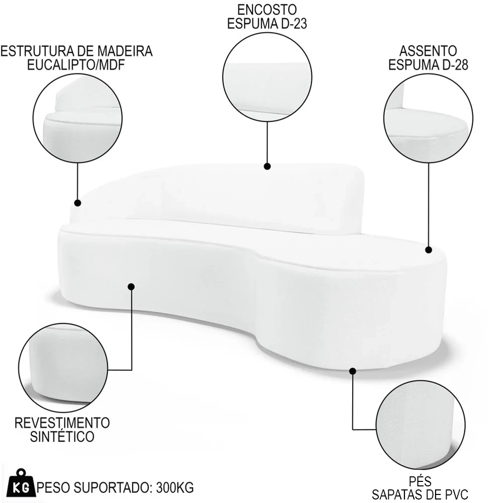 Sofá Living  3 Lugares 230cm Braço Esquerdo Mozart D06 Sintético Branco - Mpozenato