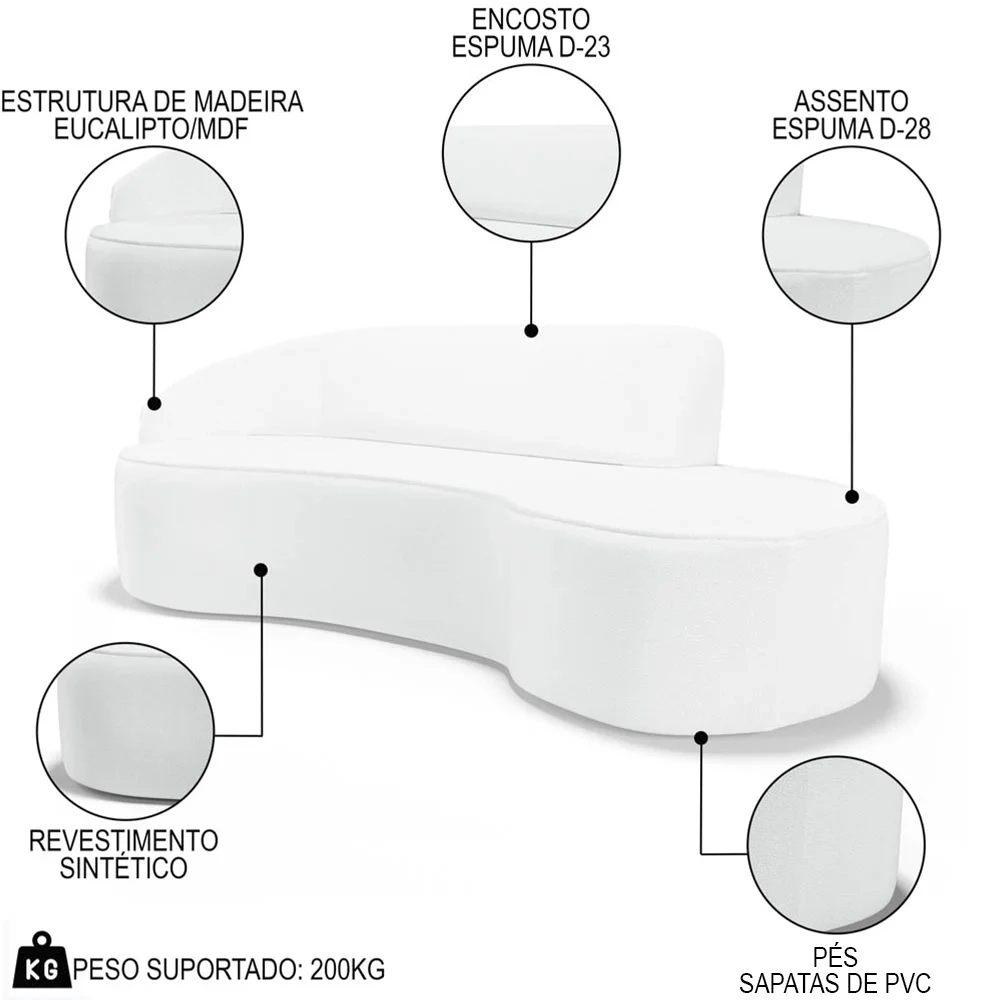 Sofá Living  2 Lugares 180cm Braço Esquerdo Mozart D06 Sintético Branco - Mpozenato