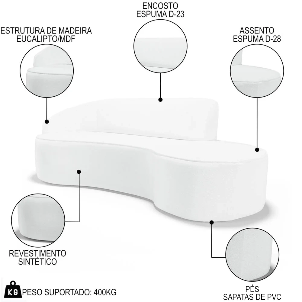 Sofá Living  4 Lugares 300cm Braço Esquerdo Mozart D06 Sintético Branco - Mpozenato