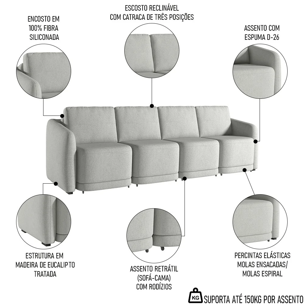 Sofá Cama Casal para Sala 316cm Polska Z08 Linho Cinza - Mpozenato