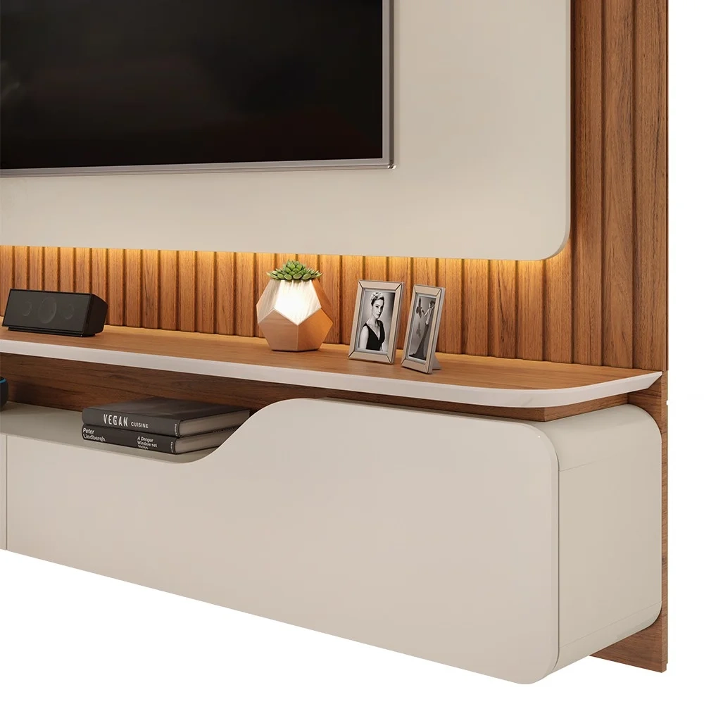 Painel Ripado para TV 70 Pol com Bancada Suspensa 210cm Trevis D04 Off White/Freijó - Mpozenato