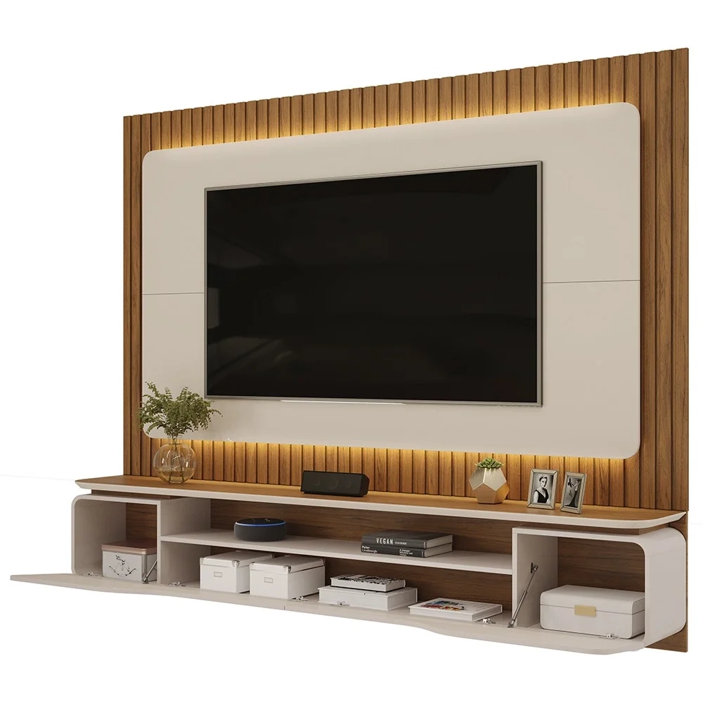Painel Ripado para TV 70 Pol com Bancada Suspensa 210cm Trevis D04 Off White/Freijó - Mpozenato