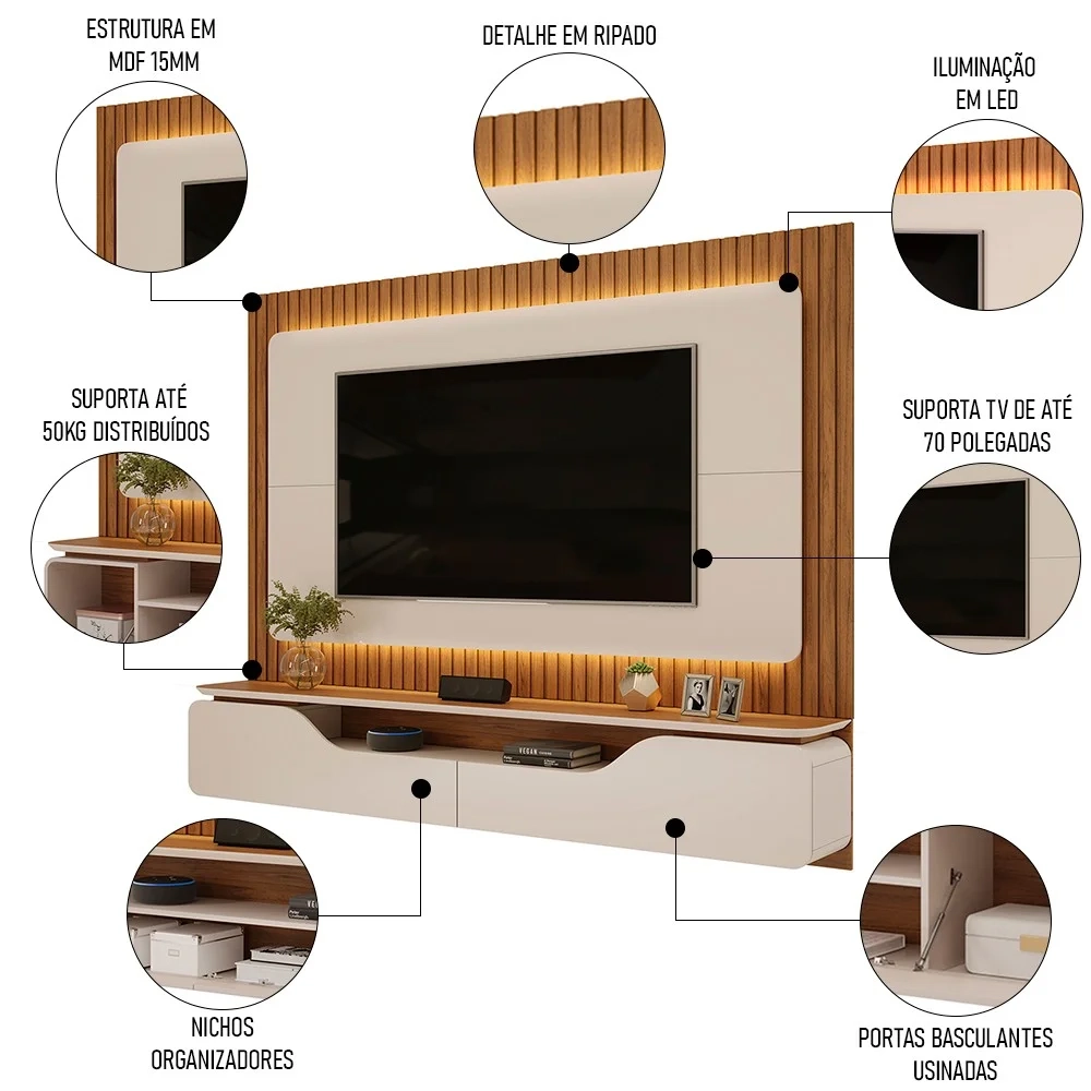 Painel Ripado para TV 70 Pol com Bancada Suspensa 210cm Trevis D04 Off White/Freijó - Mpozenato