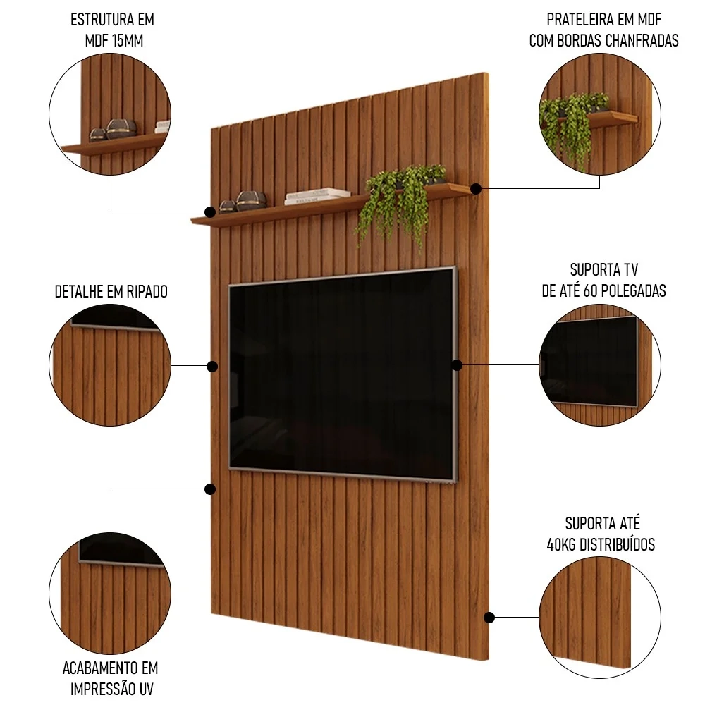 Painel para TV 60 Polegadas Ripado 143x240cm Pratisk D04 Freijó - Mpozenato