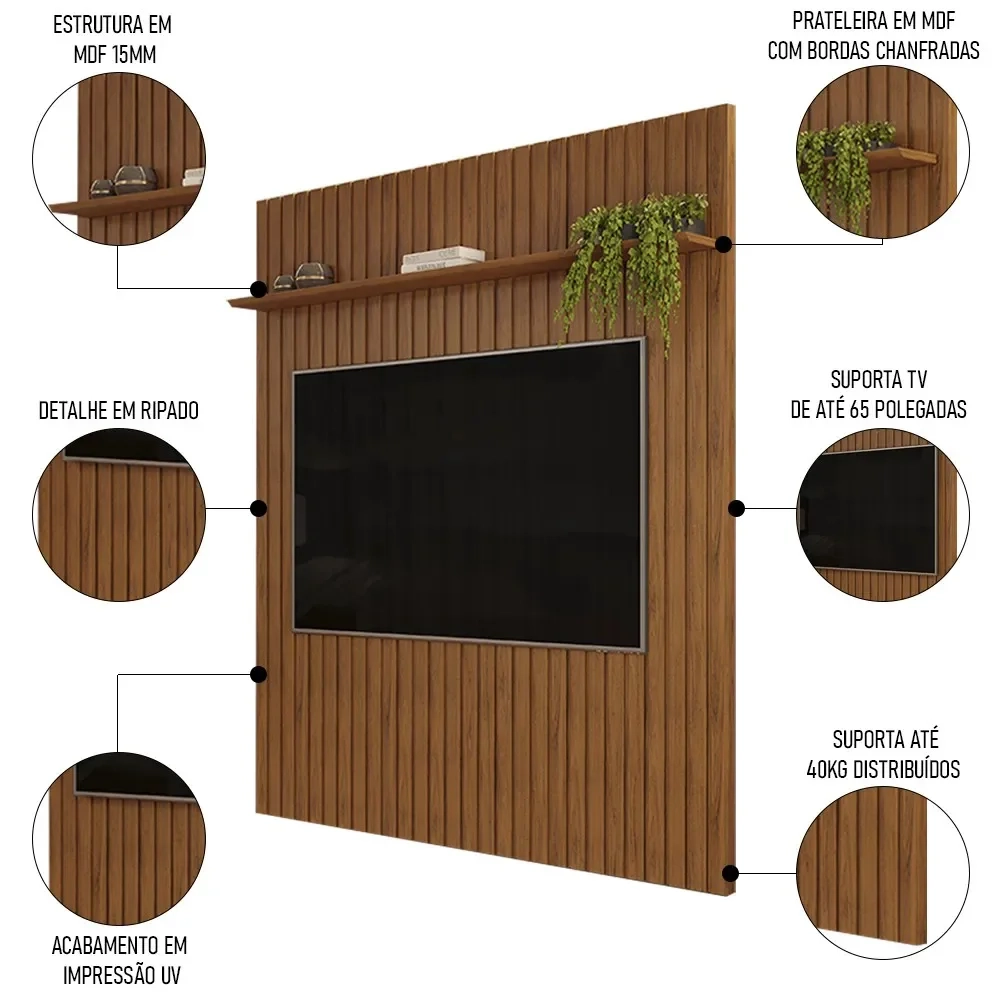 Painel para TV 65 Polegadas Ripado 183x240cm Pratisk D04 Freijó - Mpozenato