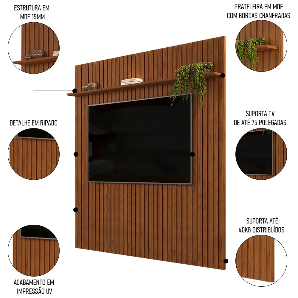 Painel para TV 75 Polegadas Ripado 250x240cm Pratisk D04 Freijó - Mpozenato