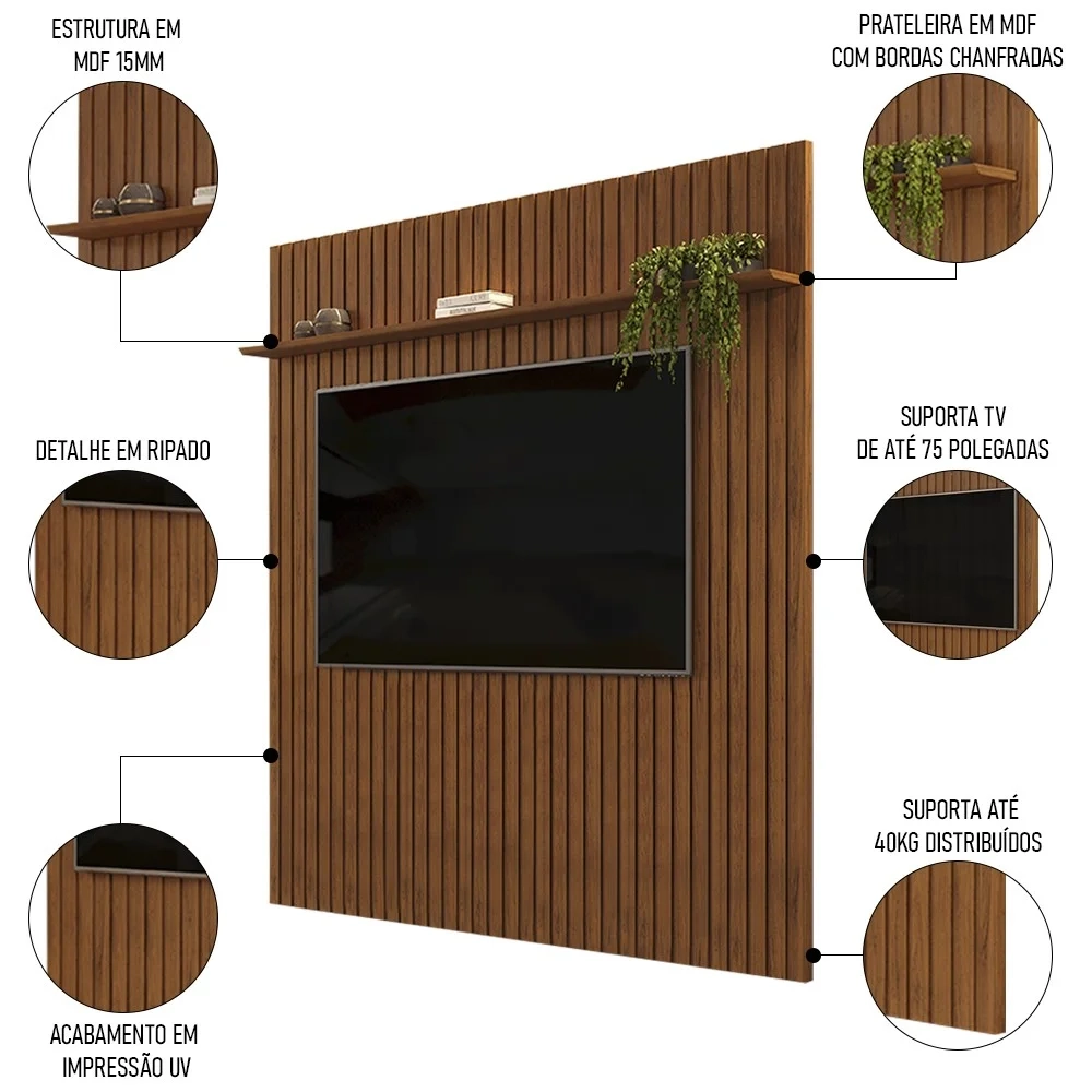 Painel para TV 75 Polegadas Ripado 275x240cm Pratisk D04 Freijó - Mpozenato