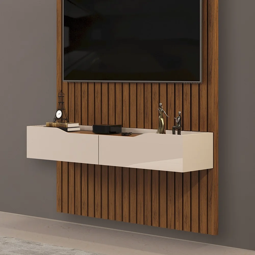 Painel para TV 60 Pol Ripado com Bancada Suspensa 143x240cm Pratisk D04 Freijó/Off White - Mpozenato