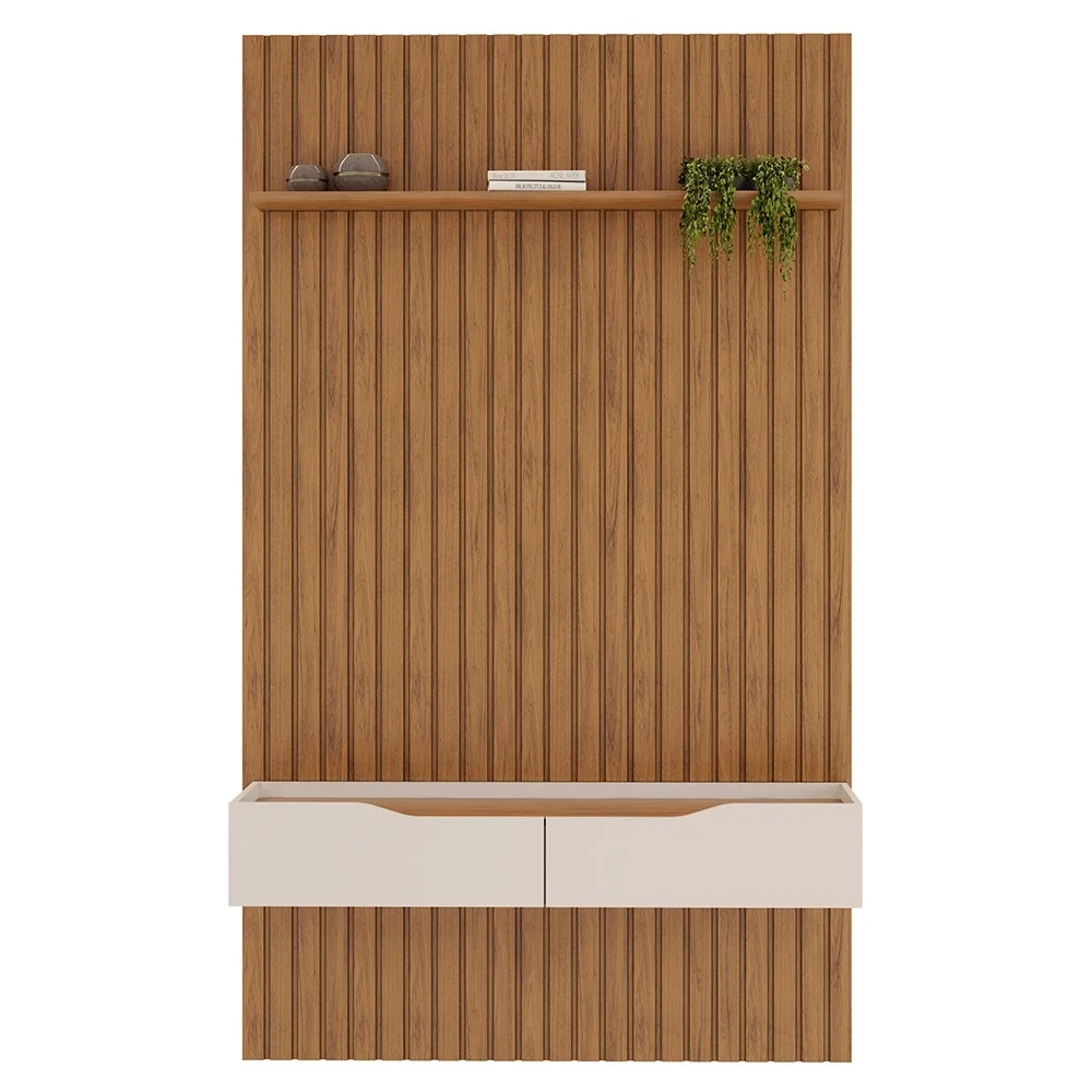 Painel para TV 60 Pol Ripado com Bancada Suspensa 143x240cm Pratisk D04 Freijó/Off White - Mpozenato