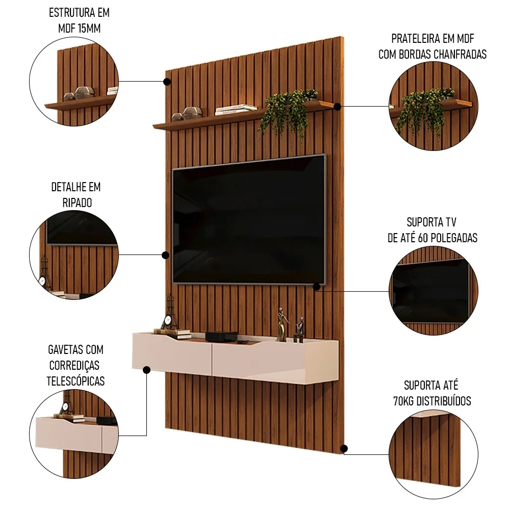 Painel para TV 60 Pol Ripado com Bancada Suspensa 143x240cm Pratisk D04 Freijó/Off White - Mpozenato