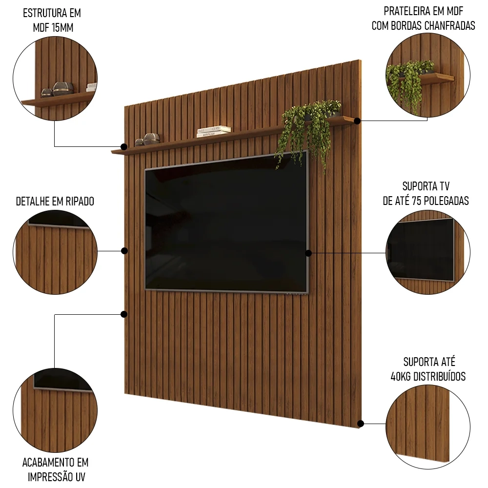 Painel para TV 75 Polegadas Ripado 223x240cm Pratisk D04 Freijó - Mpozenato