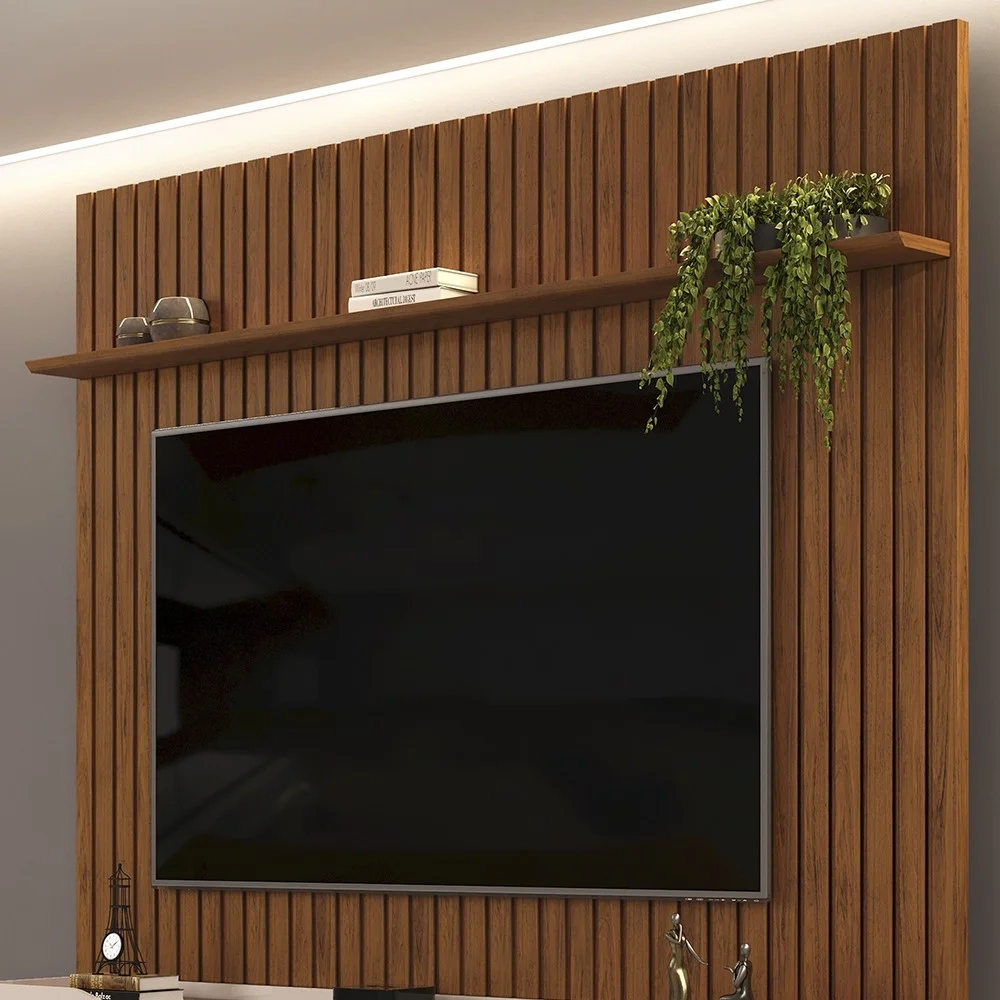 Painel para TV 75 Pol Ripado com Bancada Suspensa 223x240cm Pratisk D04 Freijó/Off White - Mpozenato