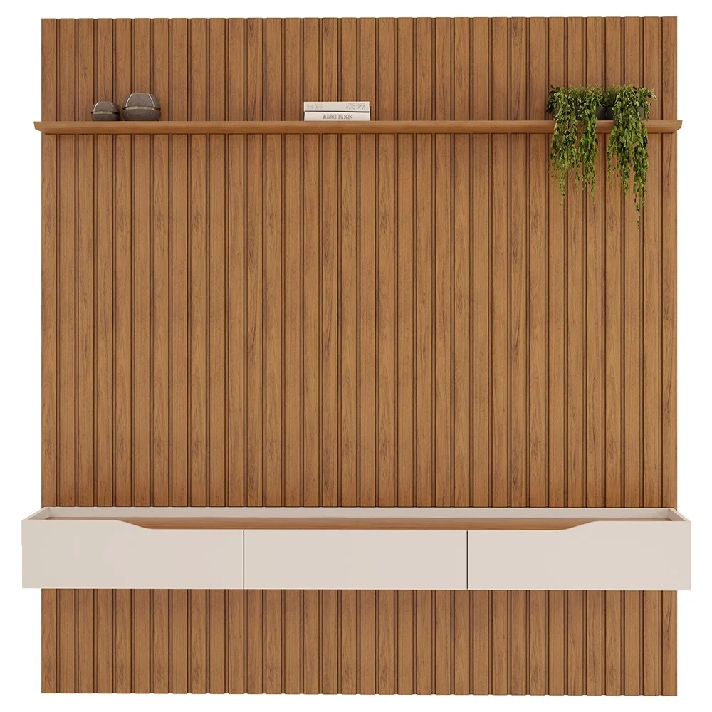 Painel para TV 75 Pol Ripado com Bancada Suspensa 223x240cm Pratisk D04 Freijó/Off White - Mpozenato