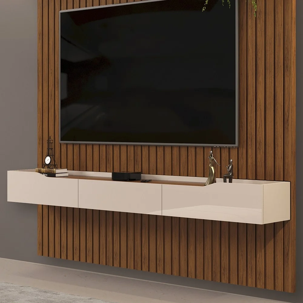 Painel para TV 75 Pol Ripado com Bancada Suspensa 223x240cm Pratisk D04 Freijó/Off White - Mpozenato