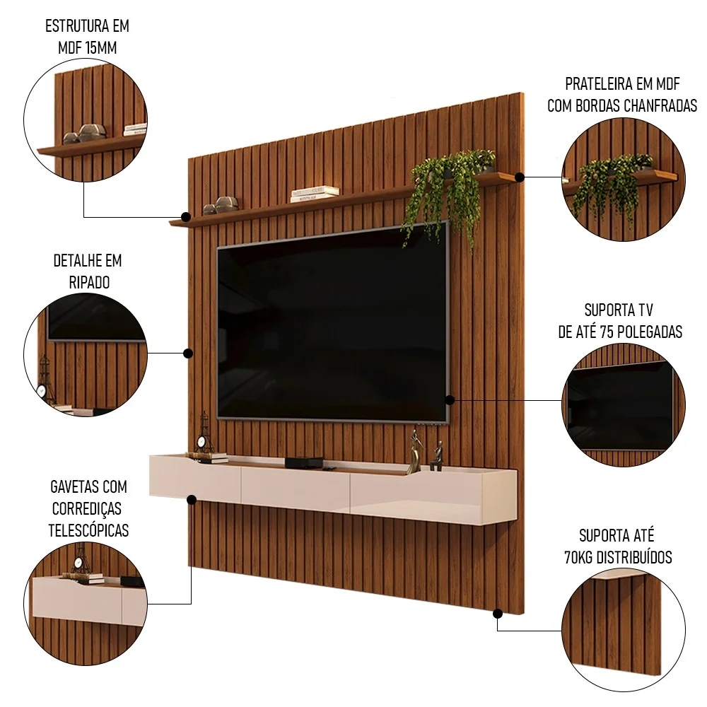 Painel para TV 75 Pol Ripado com Bancada Suspensa 223x240cm Pratisk D04 Freijó/Off White - Mpozenato