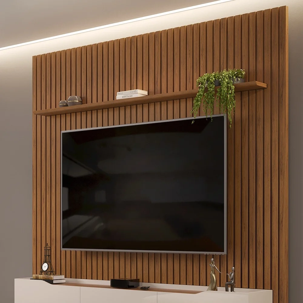 Painel para TV 75 Pol Ripado com Bancada Suspensa 250x240cm Pratisk D04 Freijó/Off White - Mpozenato