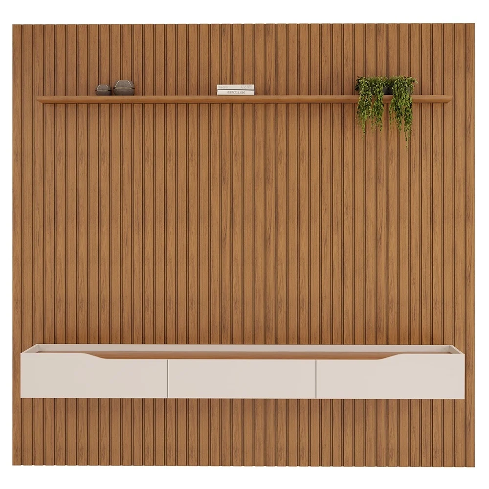 Painel para TV 75 Pol Ripado com Bancada Suspensa 250x240cm Pratisk D04 Freijó/Off White - Mpozenato