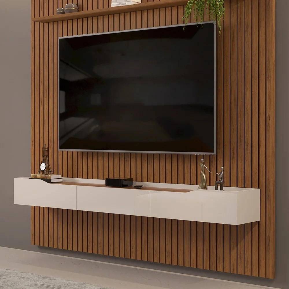 Painel para TV 75 Pol Ripado com Bancada Suspensa 250x240cm Pratisk D04 Freijó/Off White - Mpozenato