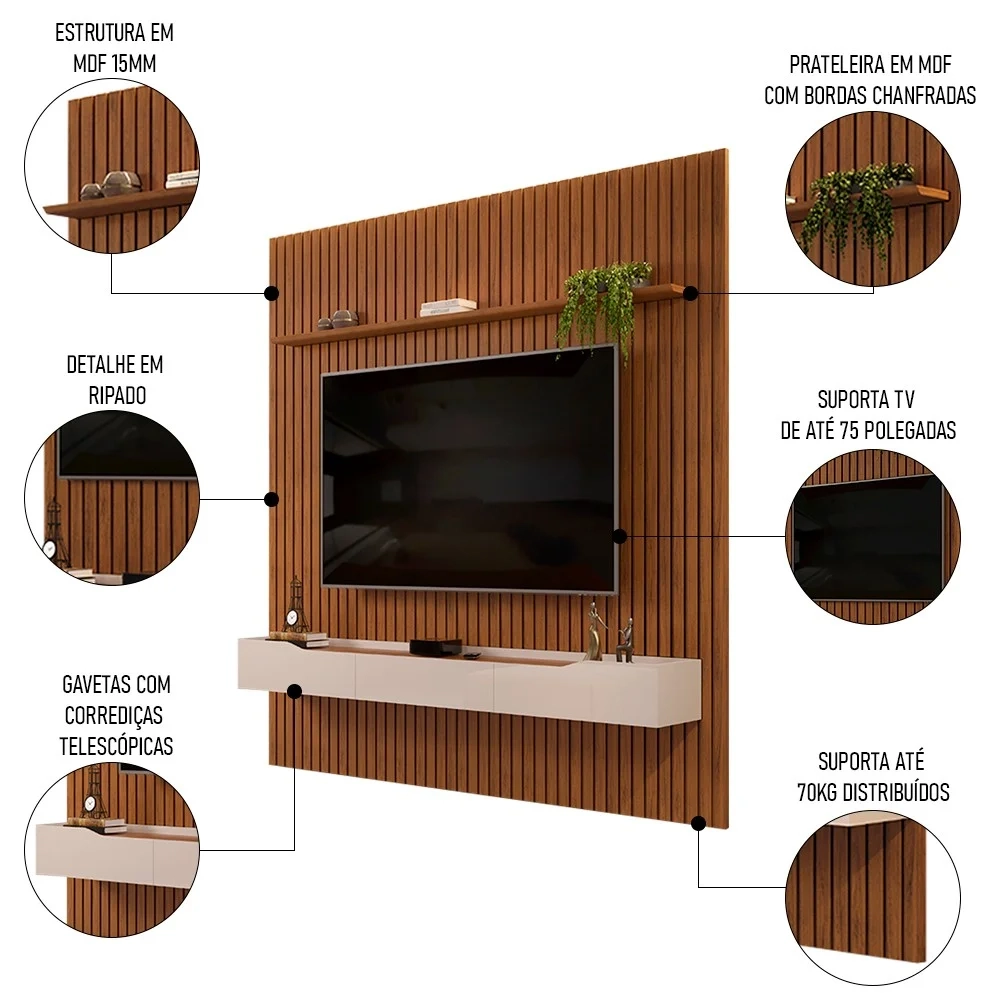 Painel para TV 75 Pol Ripado com Bancada Suspensa 250x240cm Pratisk D04 Freijó/Off White - Mpozenato
