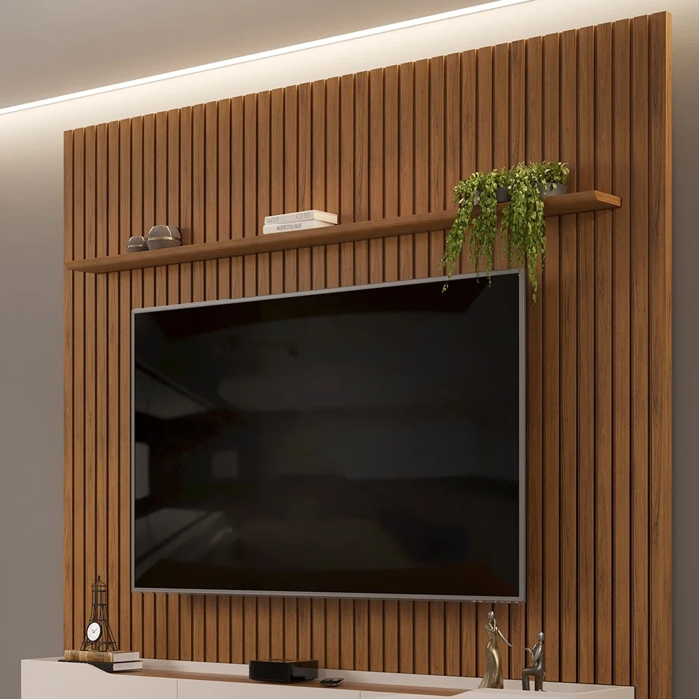 Painel para TV 75 Pol Ripado com Bancada Suspensa 275x240cm Pratisk D04 Freijó/Off White - Mpozenato