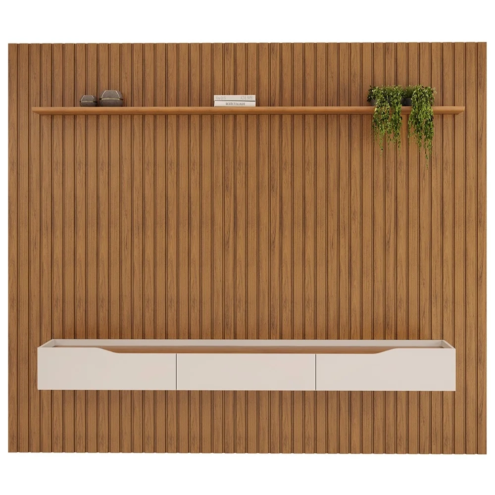 Painel para TV 75 Pol Ripado com Bancada Suspensa 275x240cm Pratisk D04 Freijó/Off White - Mpozenato