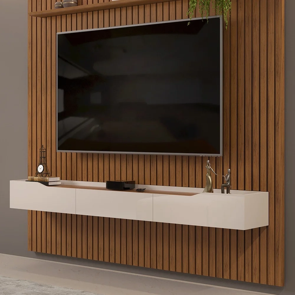 Painel para TV 75 Pol Ripado com Bancada Suspensa 275x240cm Pratisk D04 Freijó/Off White - Mpozenato