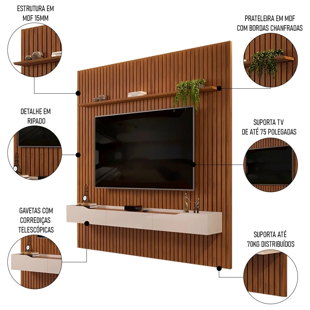 Painel para TV 75 Pol Ripado com Bancada Suspensa 275x240cm Pratisk D04 Freijó/Off White - Mpozenato