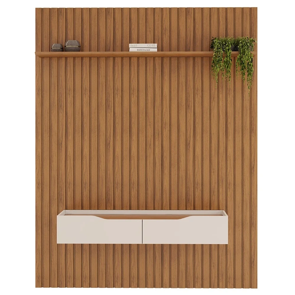 Painel para TV 65 Pol Ripado com Bancada Suspensa 183x240cm Pratisk D04 Freijó/Off White - Mpozenato