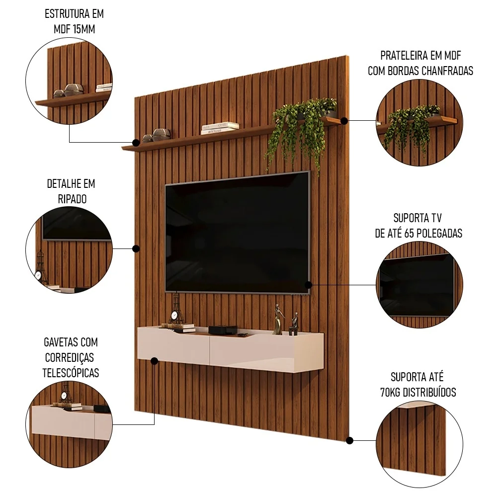 Painel para TV 65 Pol Ripado com Bancada Suspensa 183x240cm Pratisk D04 Freijó/Off White - Mpozenato