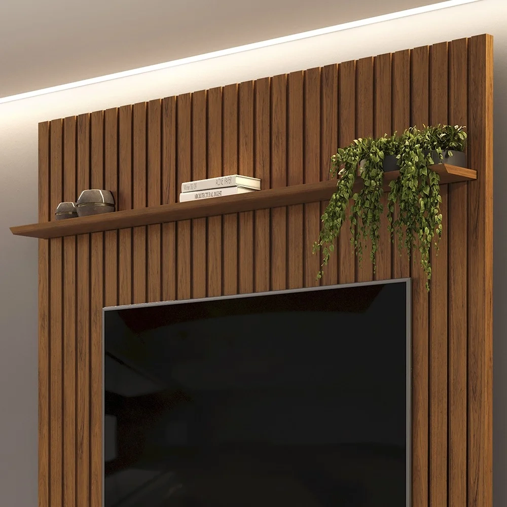 Painel para TV 65 Pol Ripado com Bancada Suspensa 183x240cm Pratisk D04 Freijó/Off White - Mpozenato