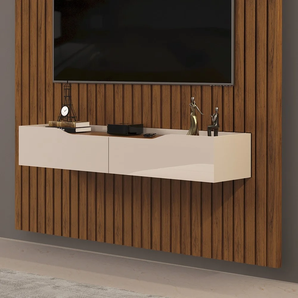 Painel para TV 65 Pol Ripado com Bancada Suspensa 183x240cm Pratisk D04 Freijó/Off White - Mpozenato