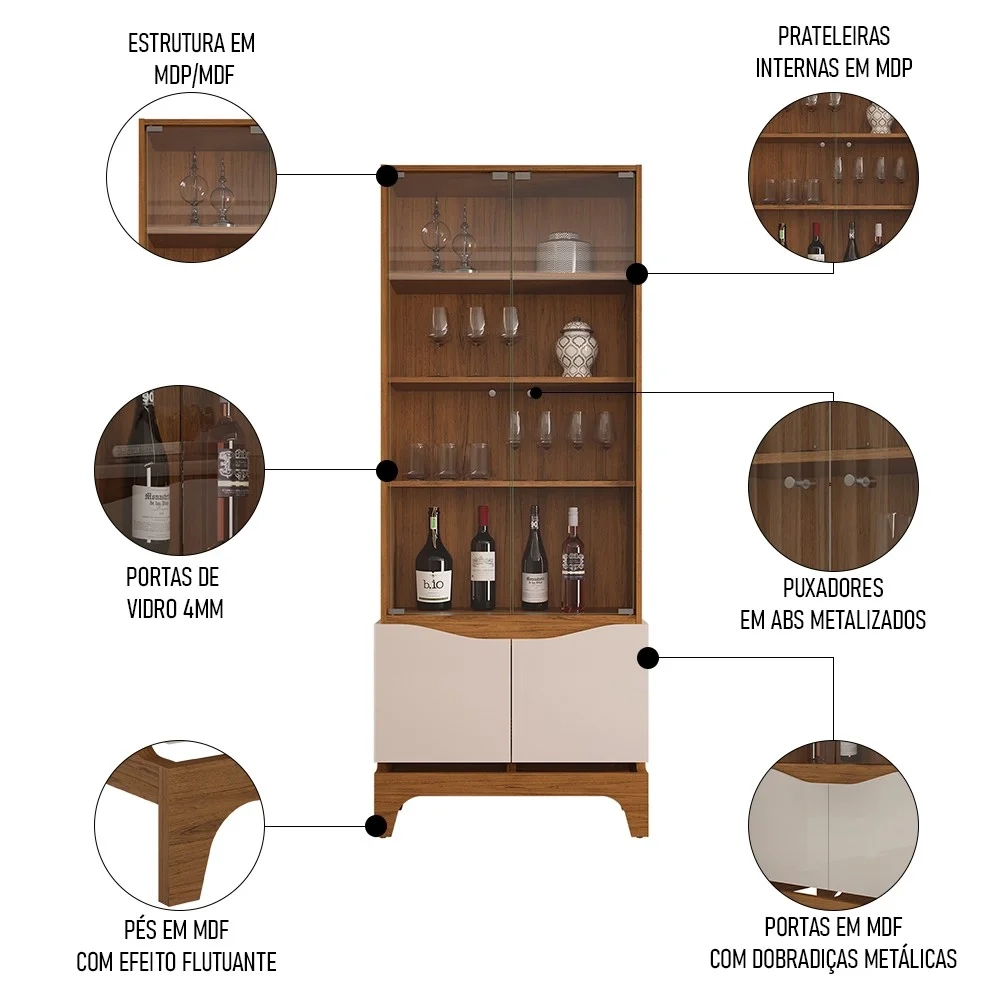 Cristaleira para Sala de Jantar 4 Portas 74cm Alice D04 Freijó/Off White - Mpozenato