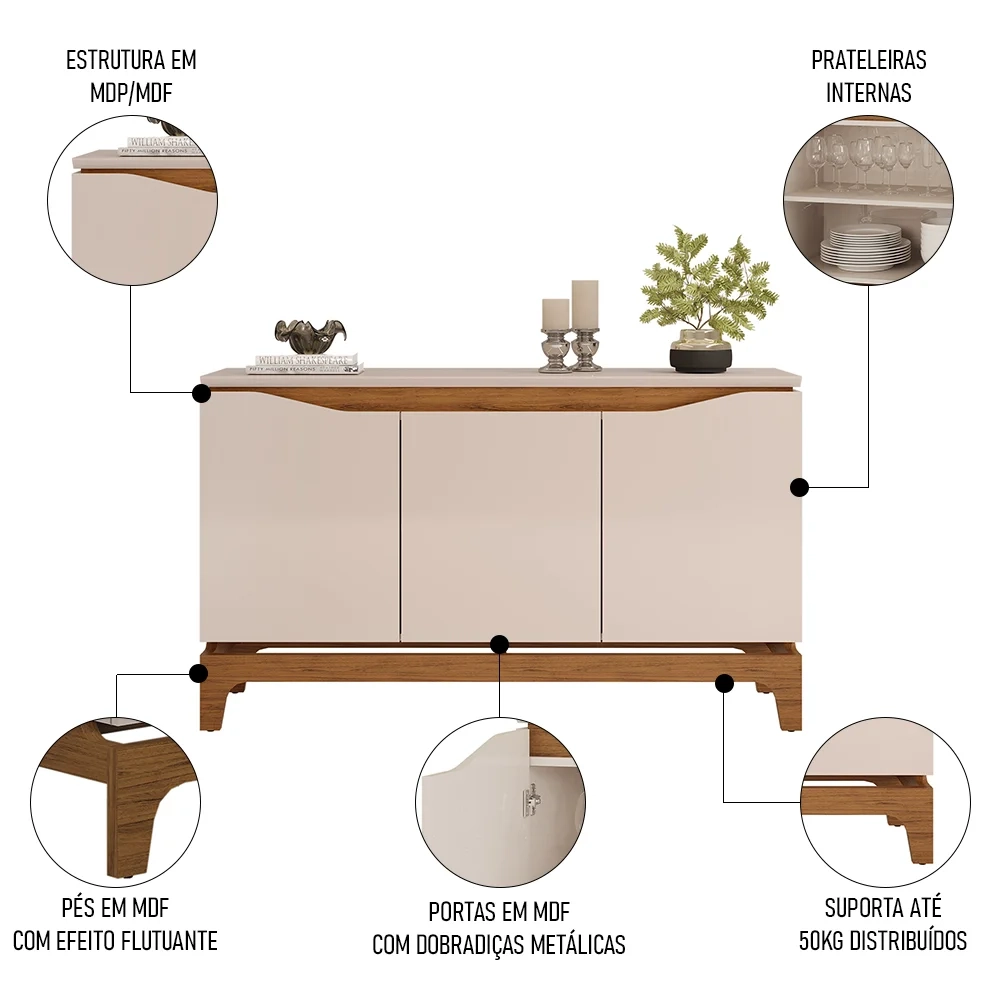 Balcão Buffet para Sala de Jantar 3 Portas 139cm Alice D04 Freijó/Off White - Mpozenato