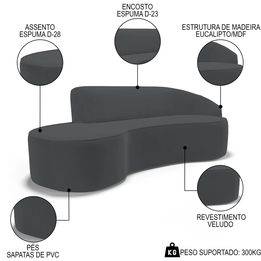 Sofá Living  3 Lugares 210cm Braço Direito Mozart D06 Veludo Cinza - Mpozenato