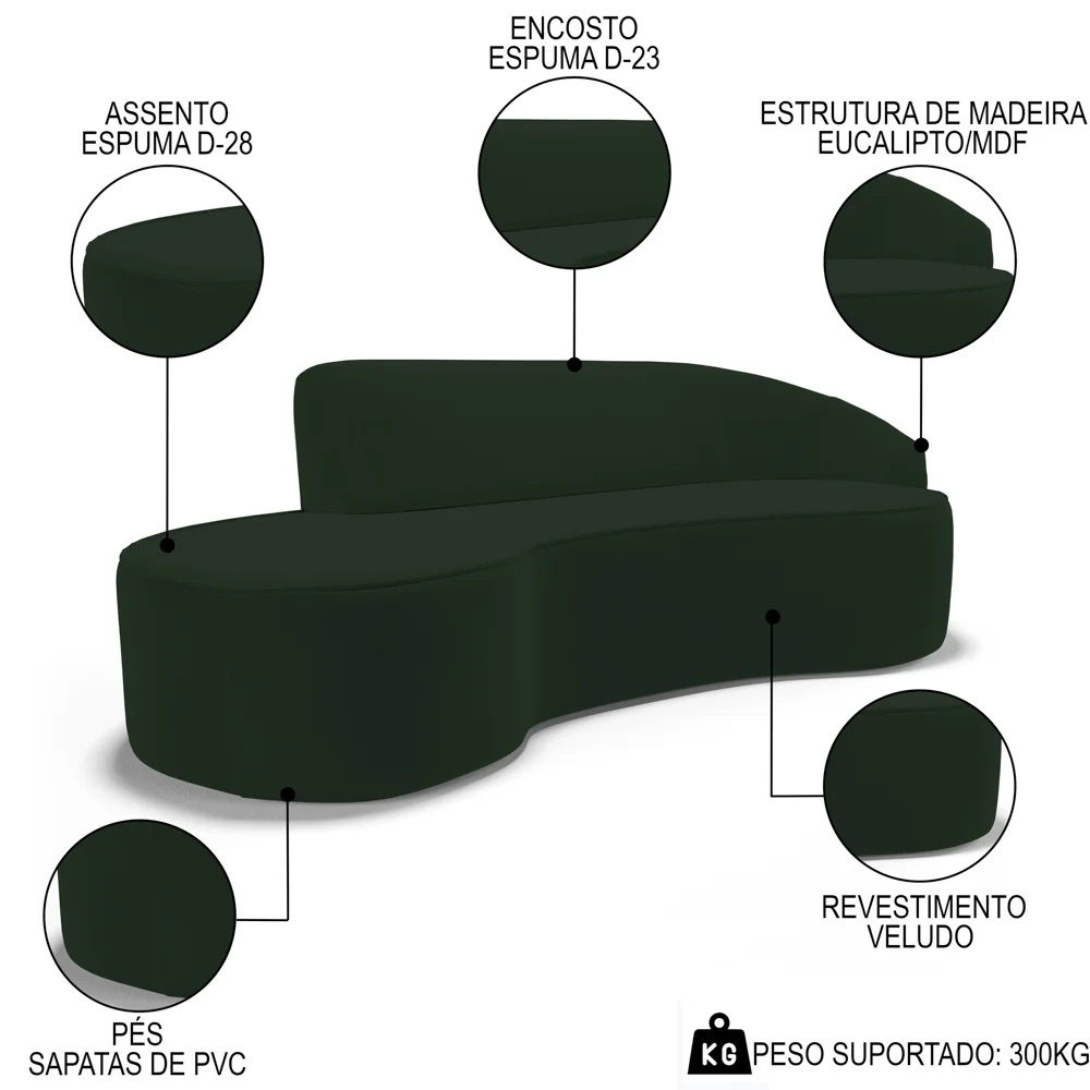 Sofá Living  3 Lugares 210cm Braço Direito Mozart D06 Veludo Verde - Mpozenato
