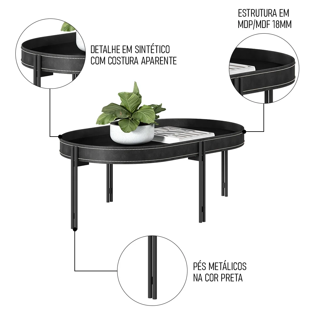 Mesa de Centro Para Sala Estilo Industrial Ville L06 Preto - Mpozenato