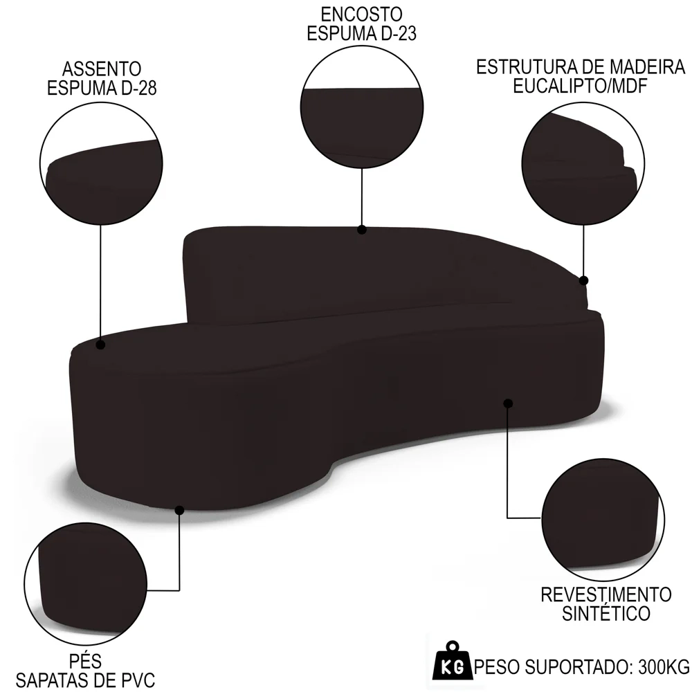 Sofá Living  3 Lugares 210cm Braço Direito Mozart D06 Sintético Marrom - Mpozenato